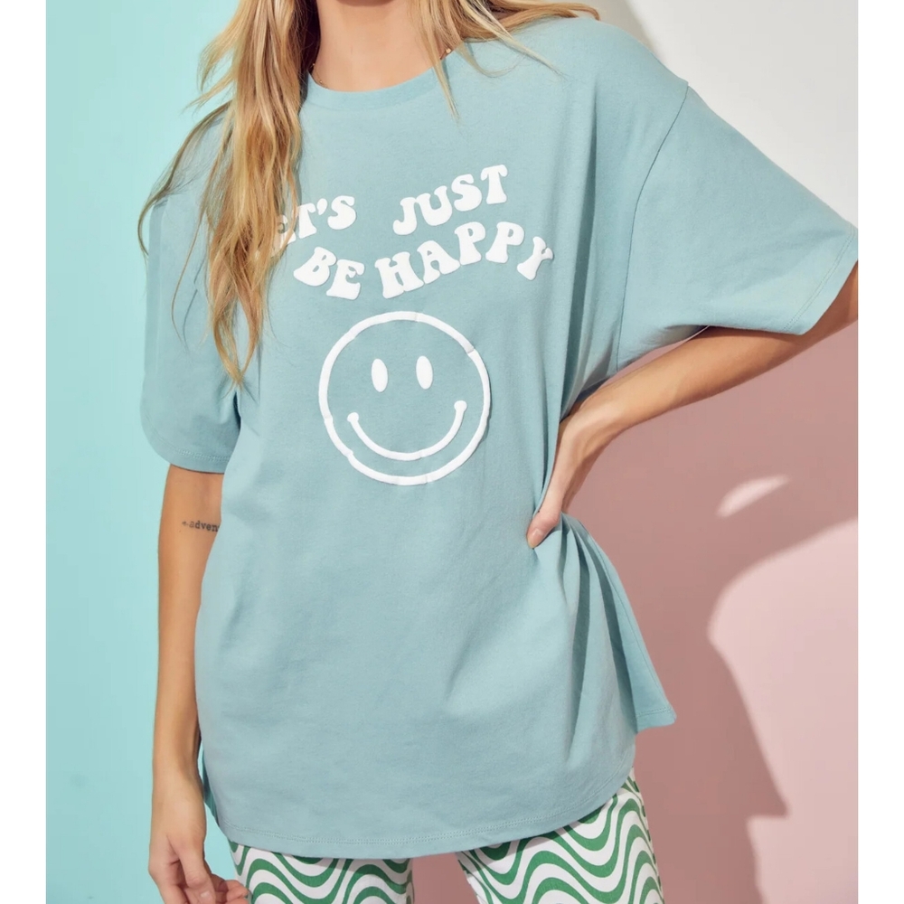 . Dusty Sage Let's Just Be Happy Oversized Graphic Tee-T/Shirt